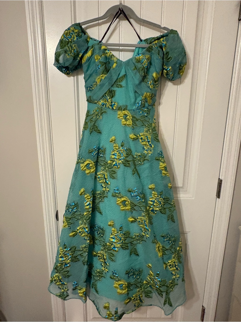 Theia Alanis Off Shoulder Aqua Floral Embroidered Dress Size 0 Nwt $695